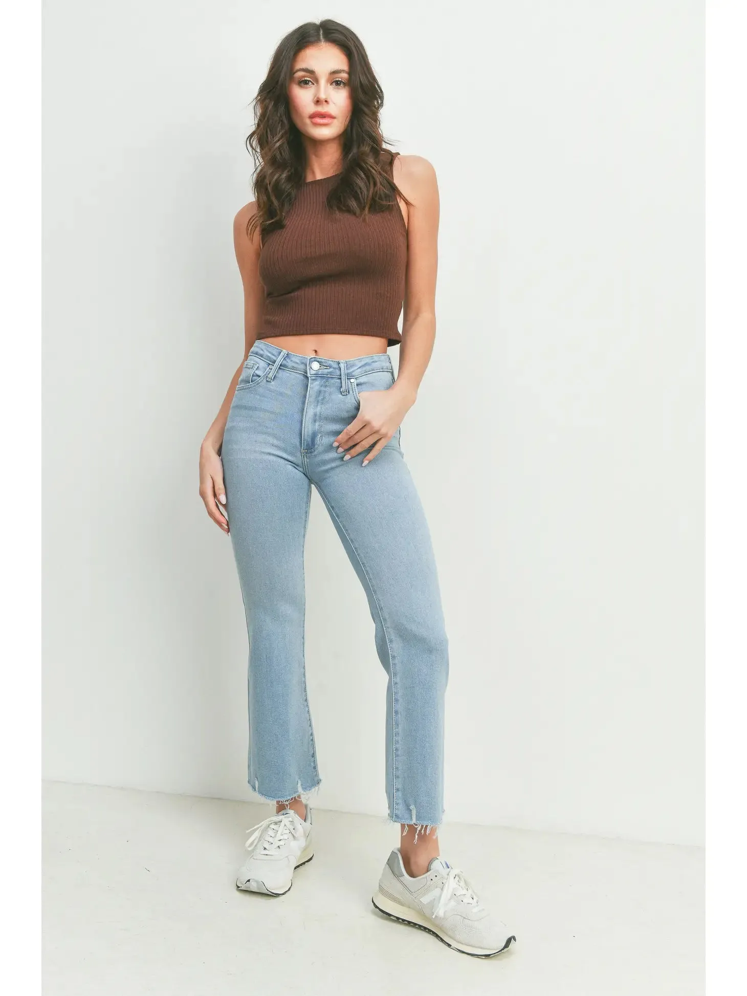 High Rise Crop Flare w/ Distressed Hem