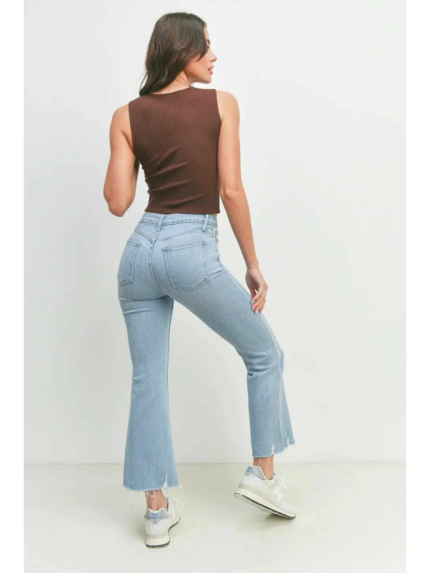 High Rise Crop Flare w/ Distressed Hem