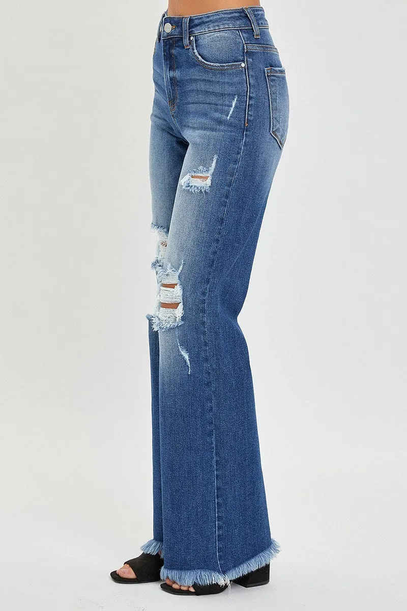 High Rise Knee Distressed Wide Straight Jeans