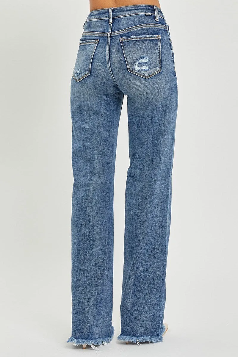 High Rise Knee Distressed Wide Straight Jeans