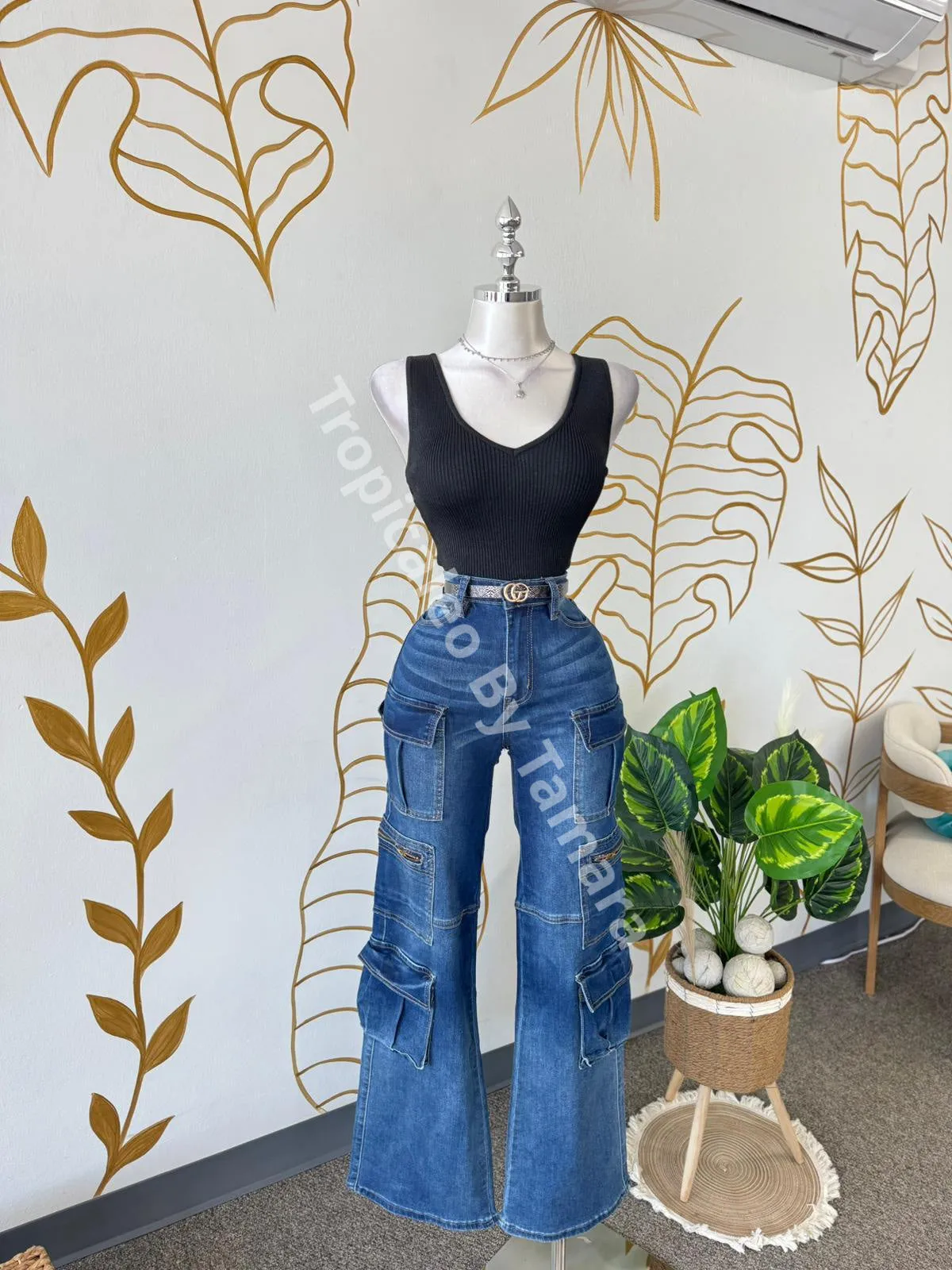 Jeans Cargo Multi-Pocket High Waisted