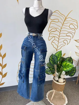Jeans Cargo Multi-Pocket High Waisted