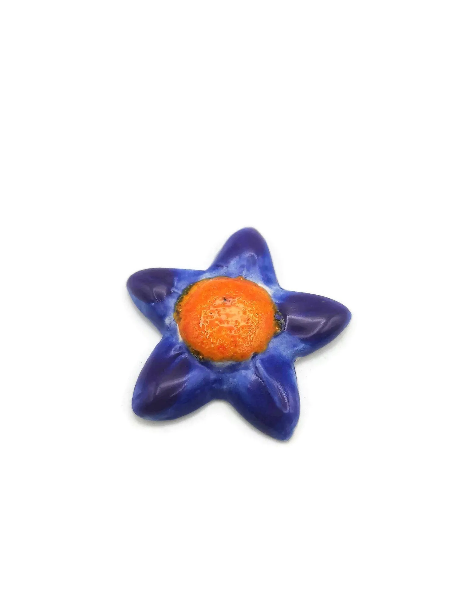 Large Flower Brooch For Women, Celestial Statement Brooch, Handmade Ceramic Star Jewelry For Her, Orange And Blue Broach Pin