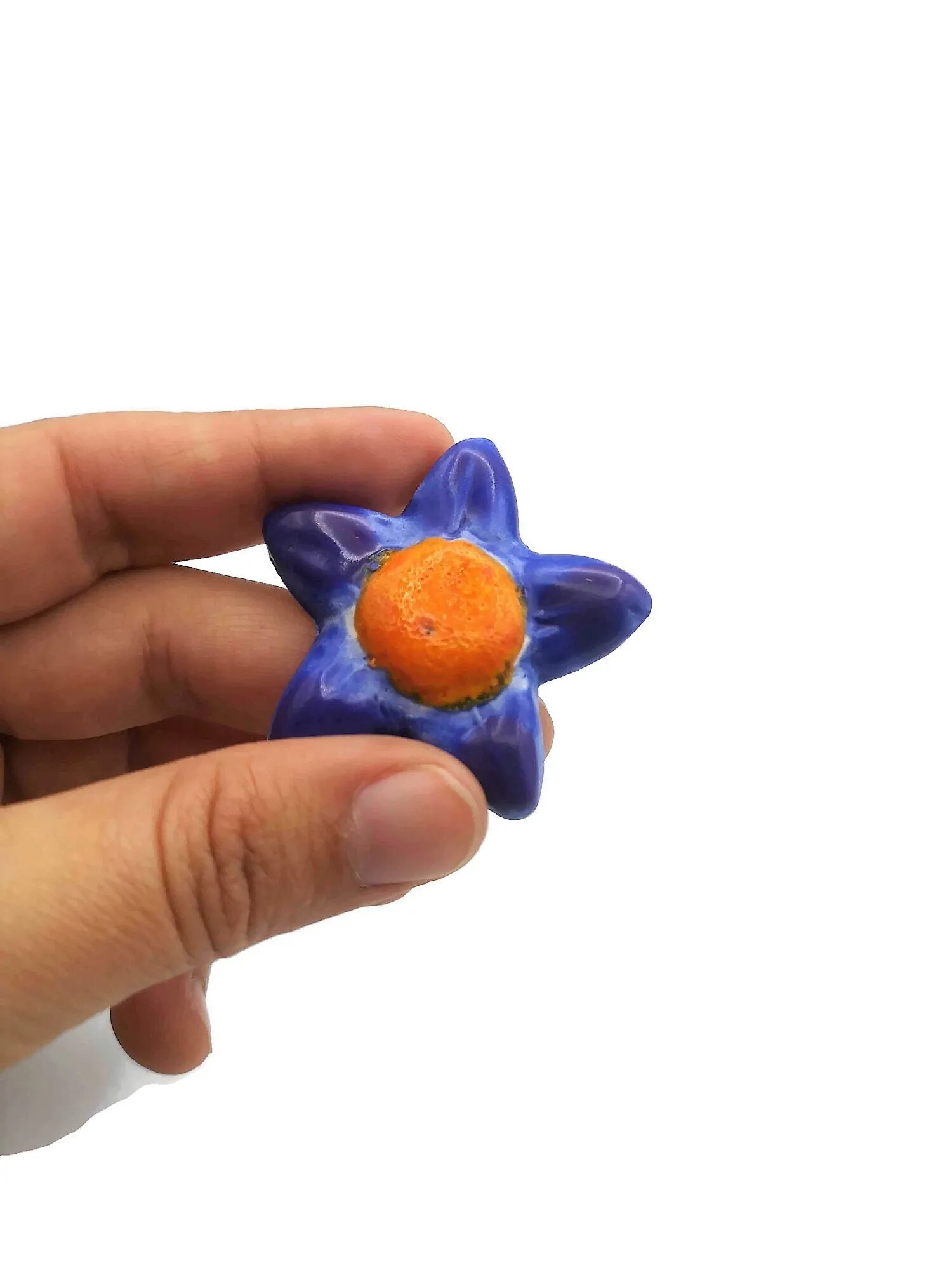 Large Flower Brooch For Women, Celestial Statement Brooch, Handmade Ceramic Star Jewelry For Her, Orange And Blue Broach Pin