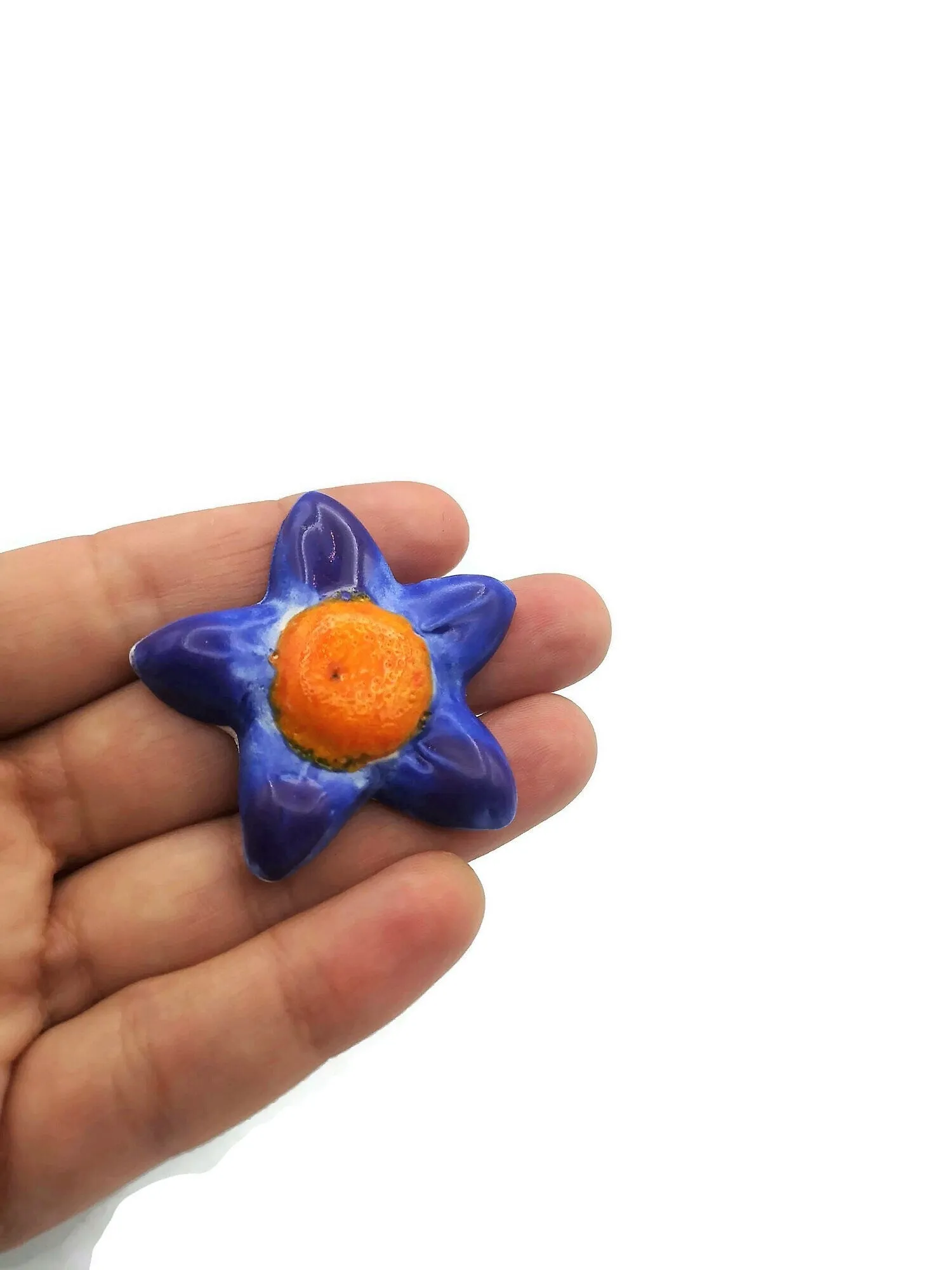 Large Flower Brooch For Women, Celestial Statement Brooch, Handmade Ceramic Star Jewelry For Her, Orange And Blue Broach Pin
