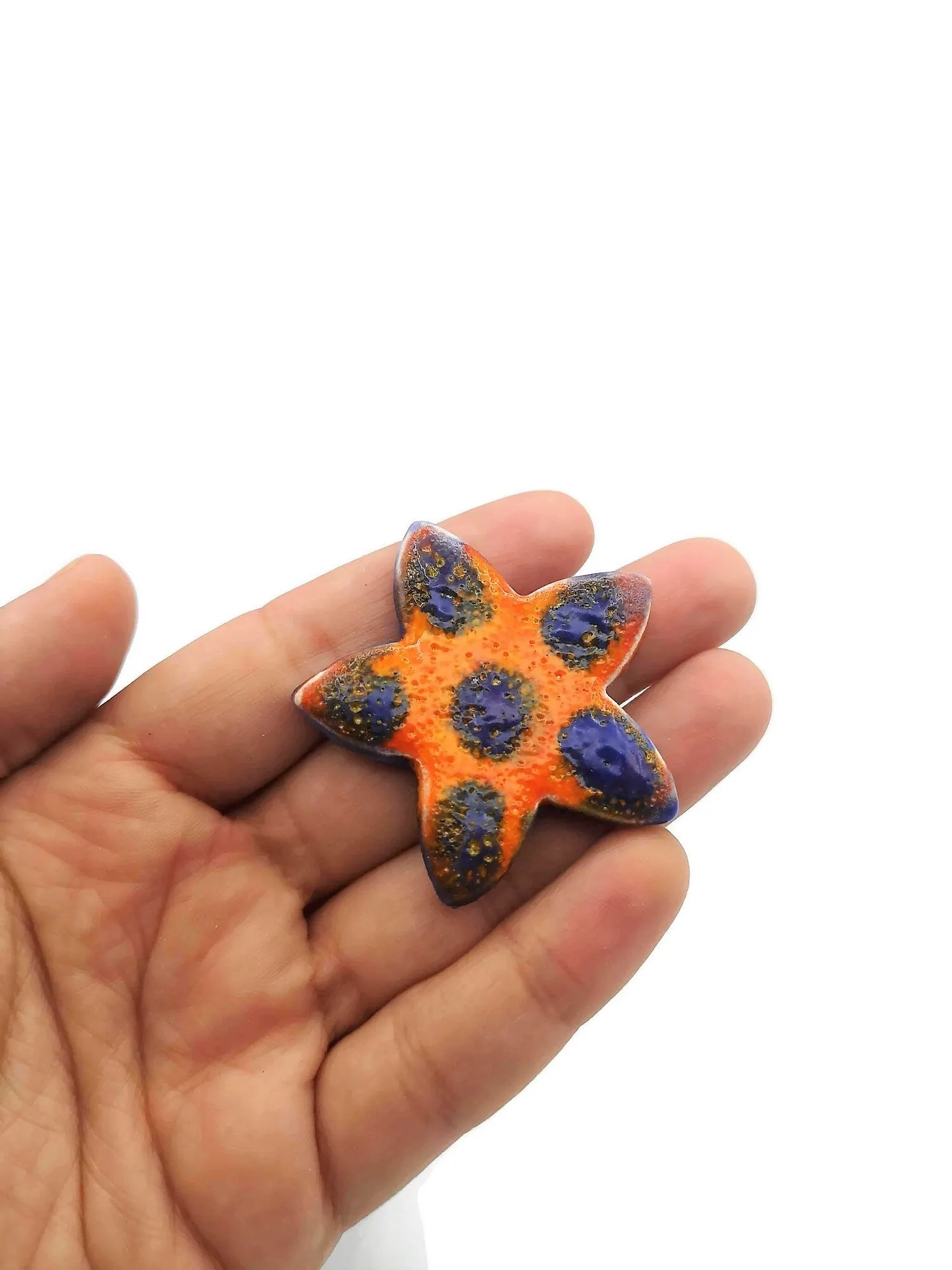Large Flower Brooch For Women, Celestial Statement Brooch, Handmade Ceramic Star Jewelry For Her, Orange And Blue Broach Pin