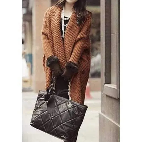 Large Turndown Collar Noble Style Batwing Sleeve Brown Women's Cardigan - Brown One Size