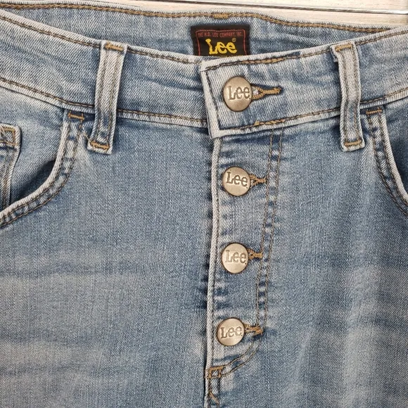 Lee Heritage jeans Women US 14P blue exposed button fly flare hem cotton blend