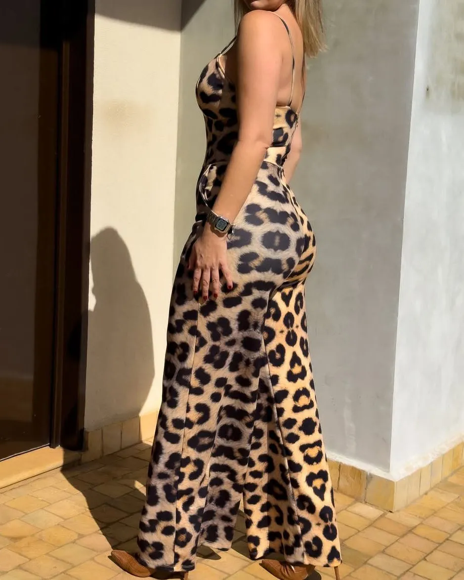 Leopard Print V-Neck Cutout Wide-Leg Jumpsuit