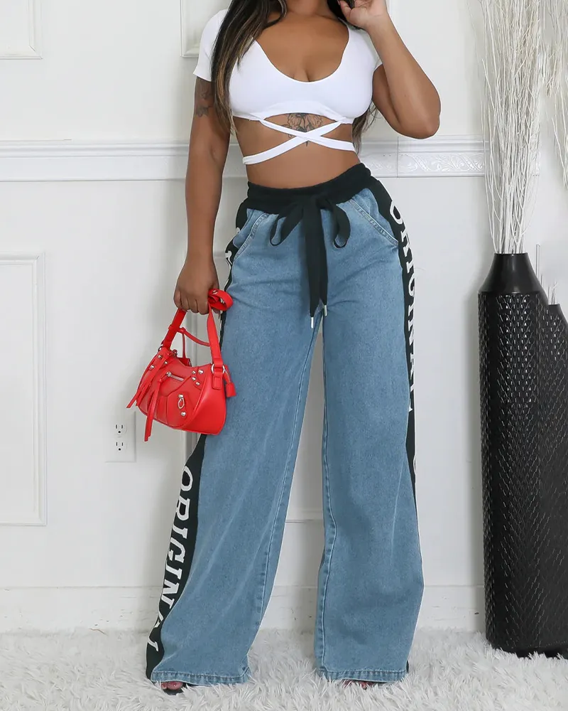 Lettering Colorblock Jeans