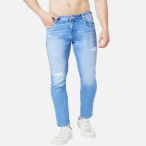 LIGHT BLUE COTTON SLIM FIT TAPERED LENGTH MILD DISTRESSED MID RISE JEANS