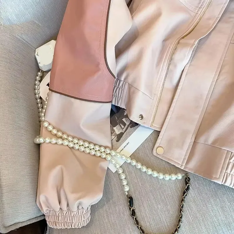 Long Sleeve Casual Cropped Pink Leather Jacket