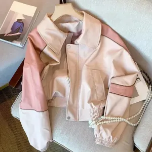 Long Sleeve Casual Cropped Pink Leather Jacket
