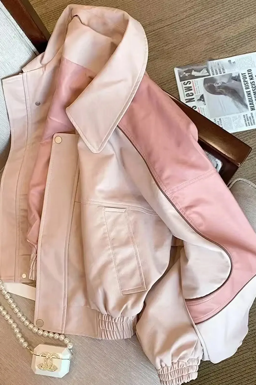Long Sleeve Casual Cropped Pink Leather Jacket