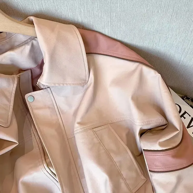 Long Sleeve Casual Cropped Pink Leather Jacket