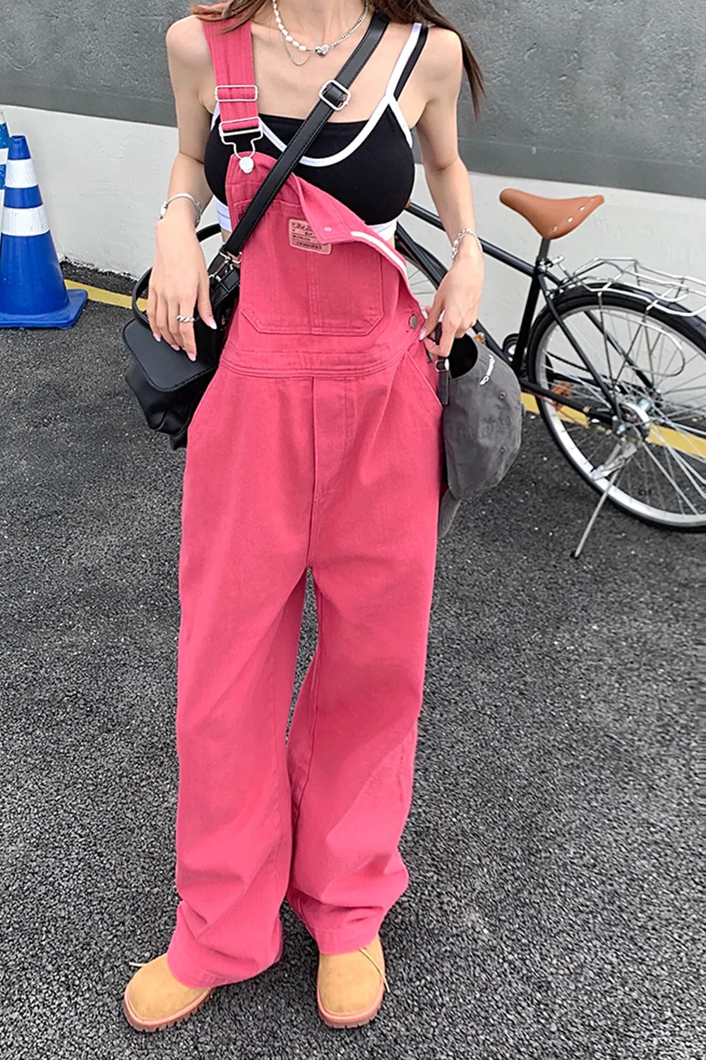 Loose Rose Pink Long Denim Jumpsuit