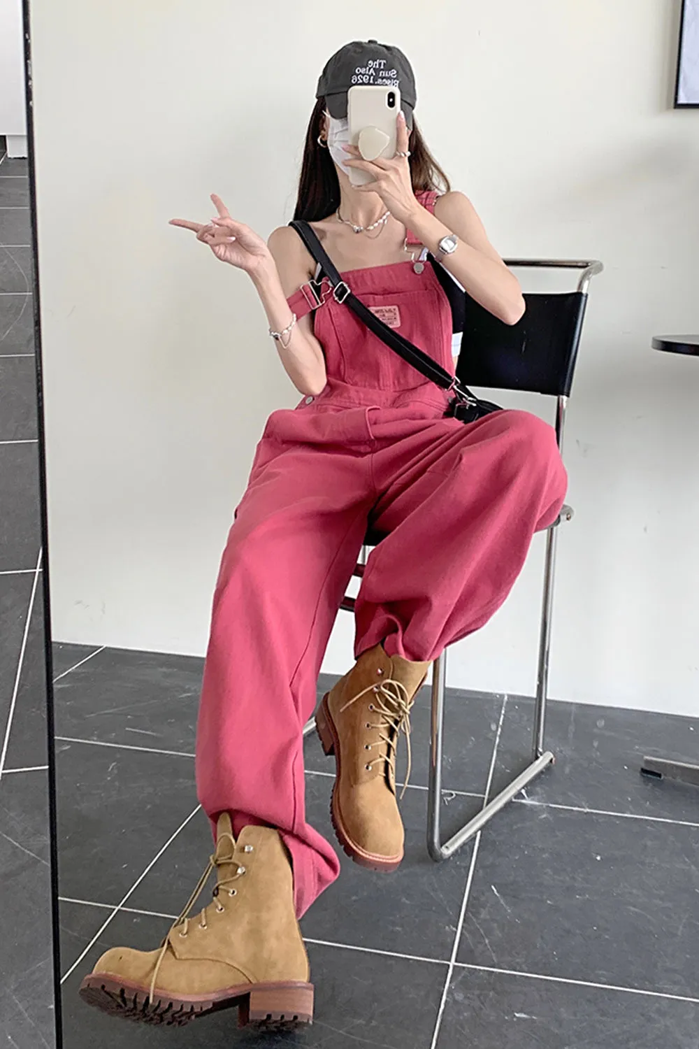 Loose Rose Pink Long Denim Jumpsuit