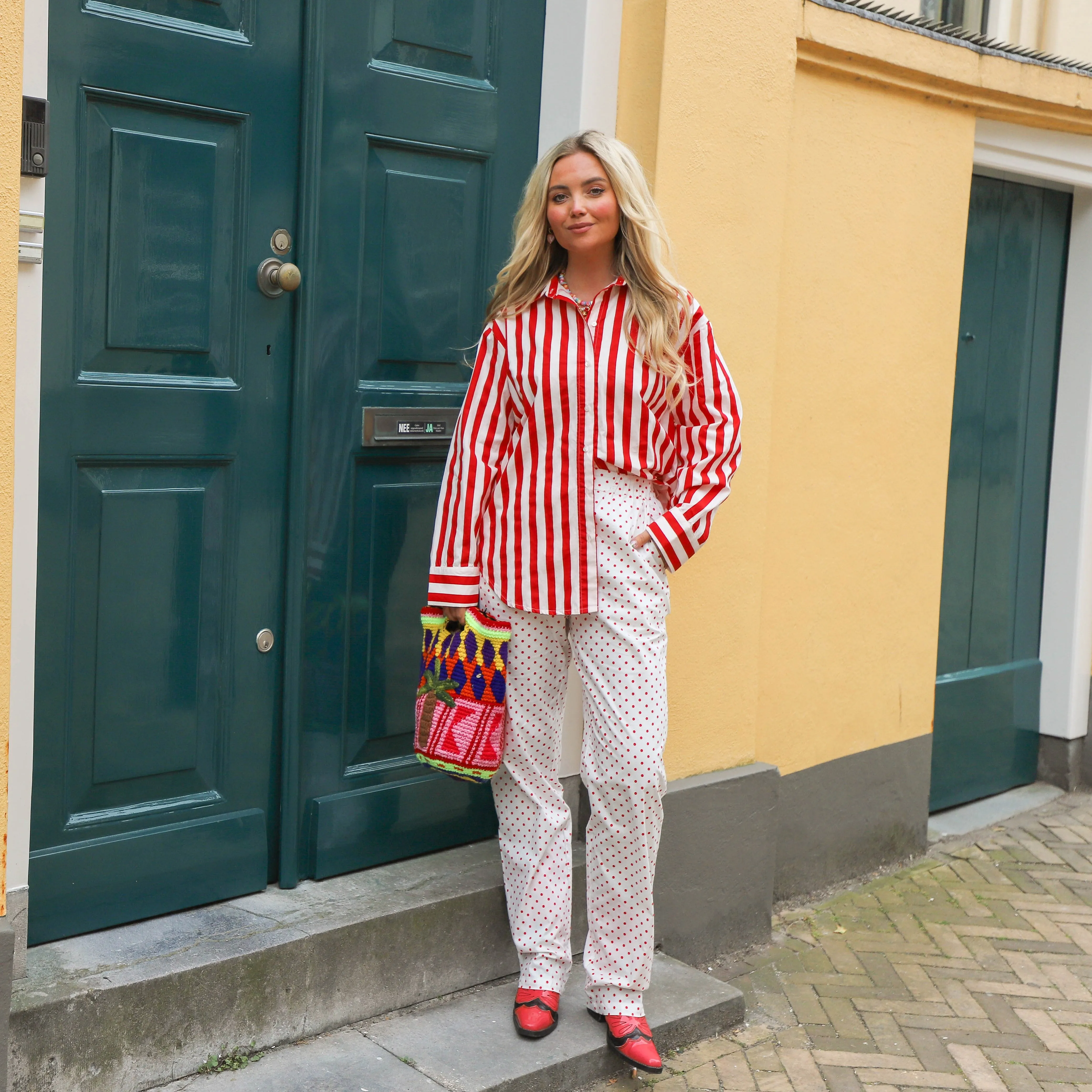 Malou straight jeans bright white rode stippen