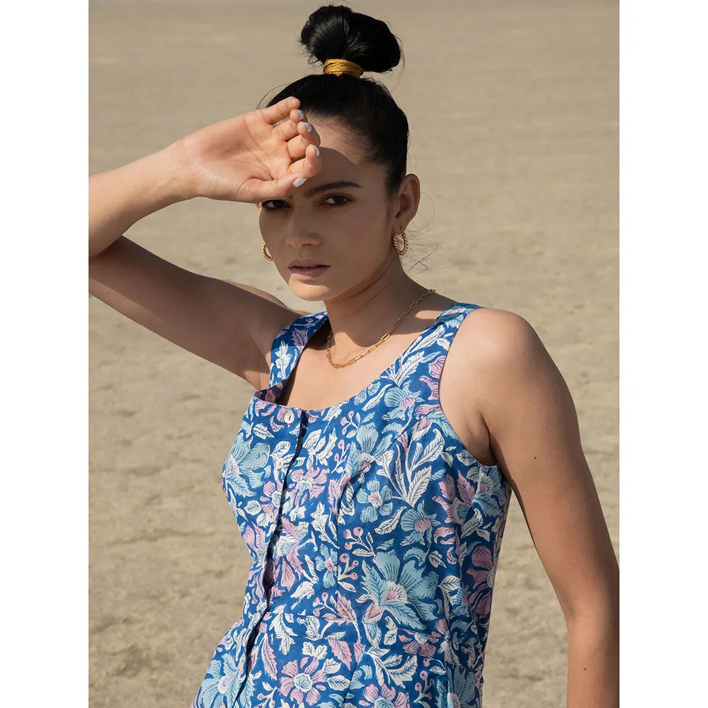 MARCHE Blue Lagoon Hand Block Printed Cotton Jumpsuit