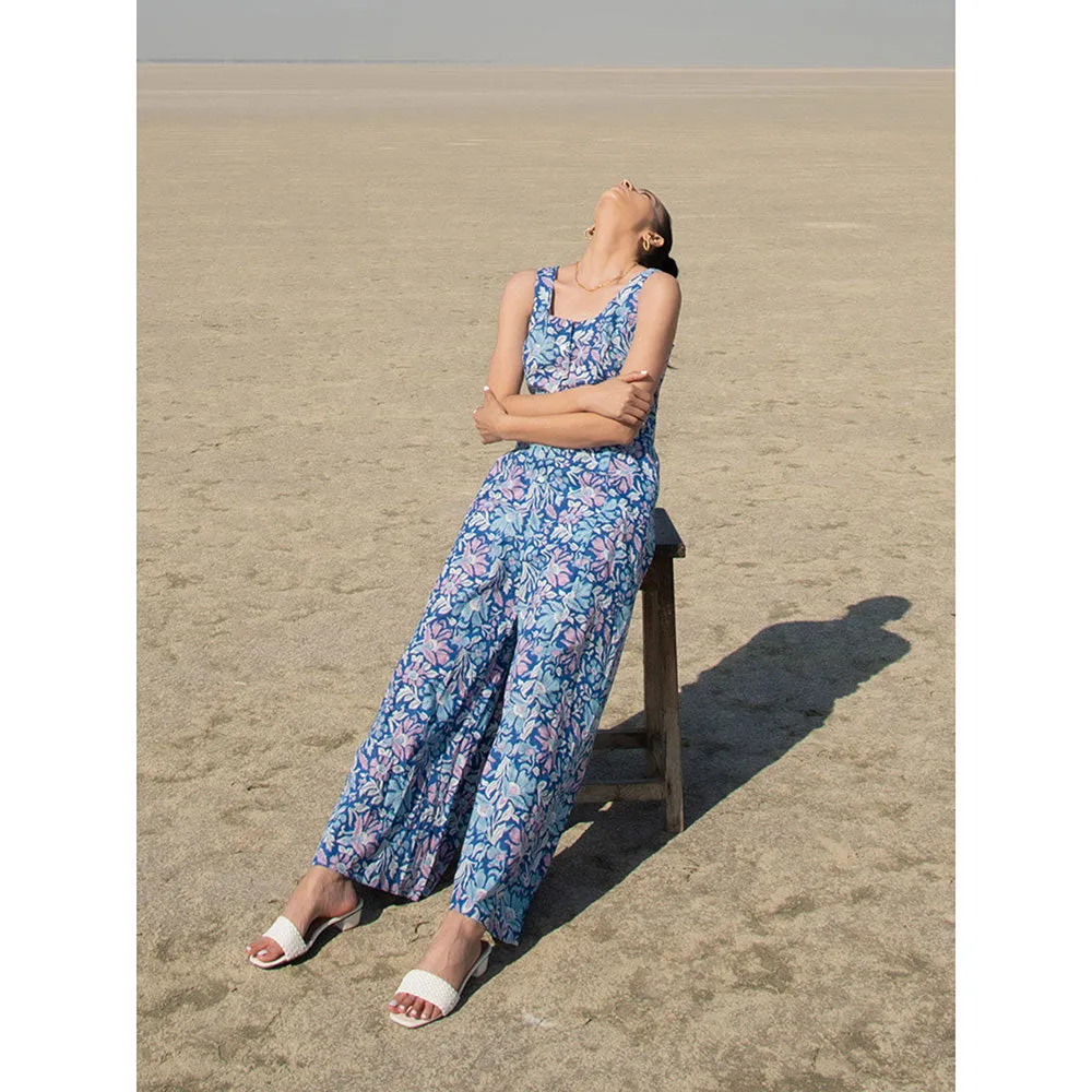 MARCHE Blue Lagoon Hand Block Printed Cotton Jumpsuit