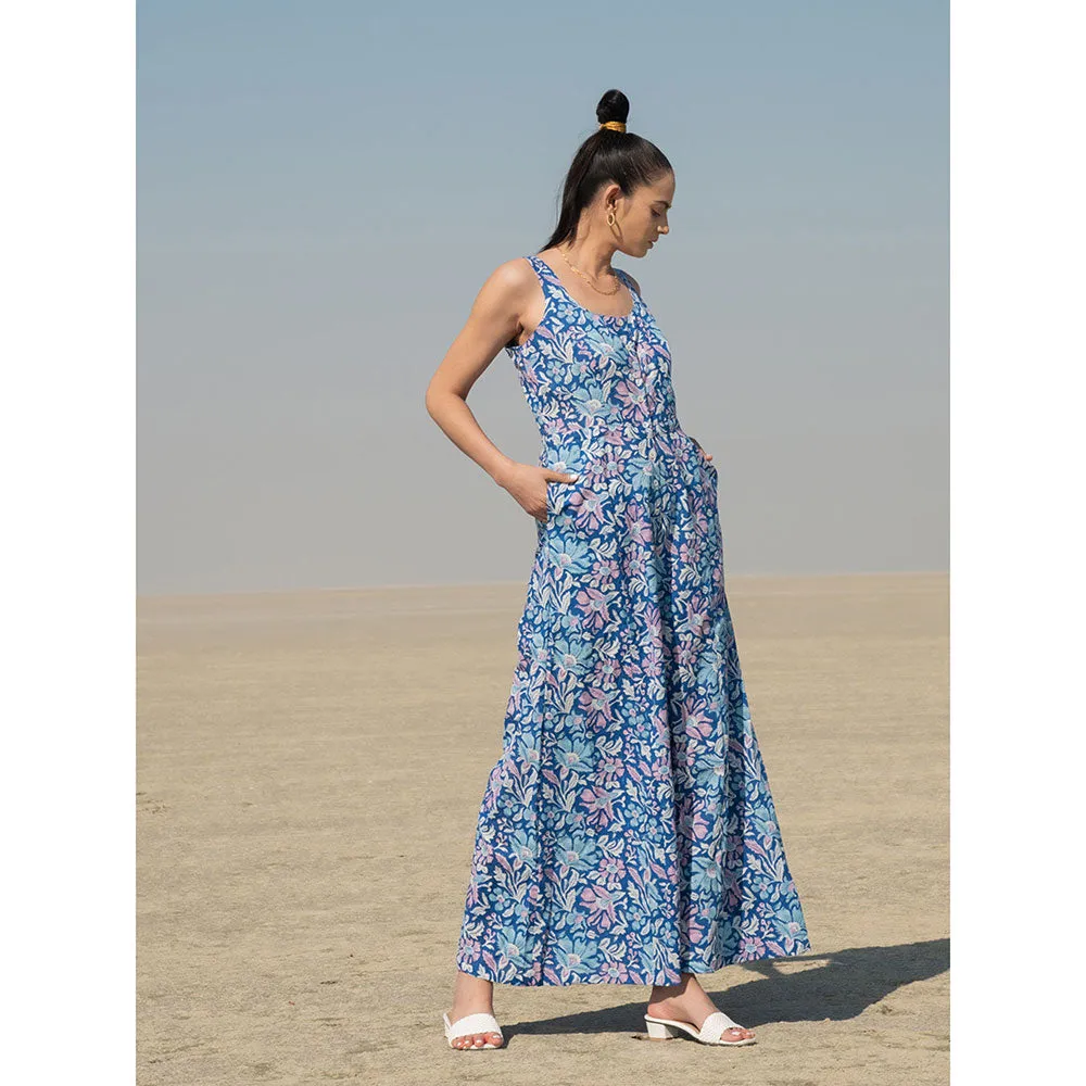 MARCHE Blue Lagoon Hand Block Printed Cotton Jumpsuit