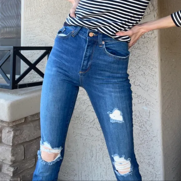 MARINE LAYER NWT Distressed Ripped Medium Wash High-Rise Skinny Jeans Sz 26