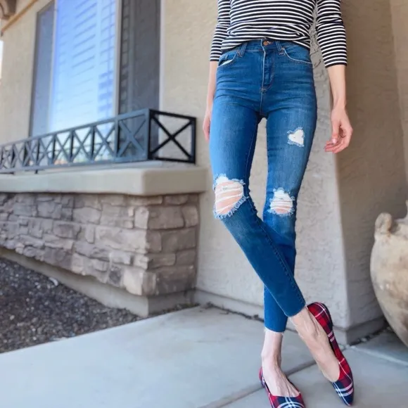 MARINE LAYER NWT Distressed Ripped Medium Wash High-Rise Skinny Jeans Sz 26