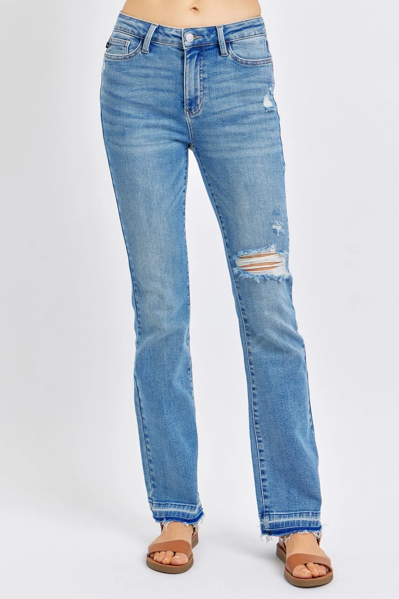 Medium Mid Rise Destroy & Released Hem Bootcut Judy Blue Jeans 6/27/24 8734
