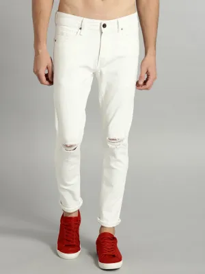 Men Off-White Regular Fit Mid-Rise Slash Knee Stretchable Jeans