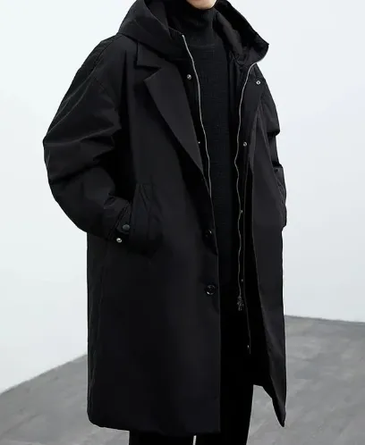Men's hooded button-front trench coat