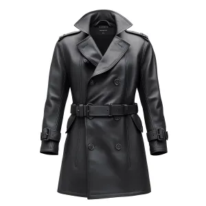 Mens Mini Trench Coat Leather Trench Coat Double Breasted Leather Coats Water Resistant Storm Flap Lepal Collar Multipockets Genuine Leather Jackets For Men