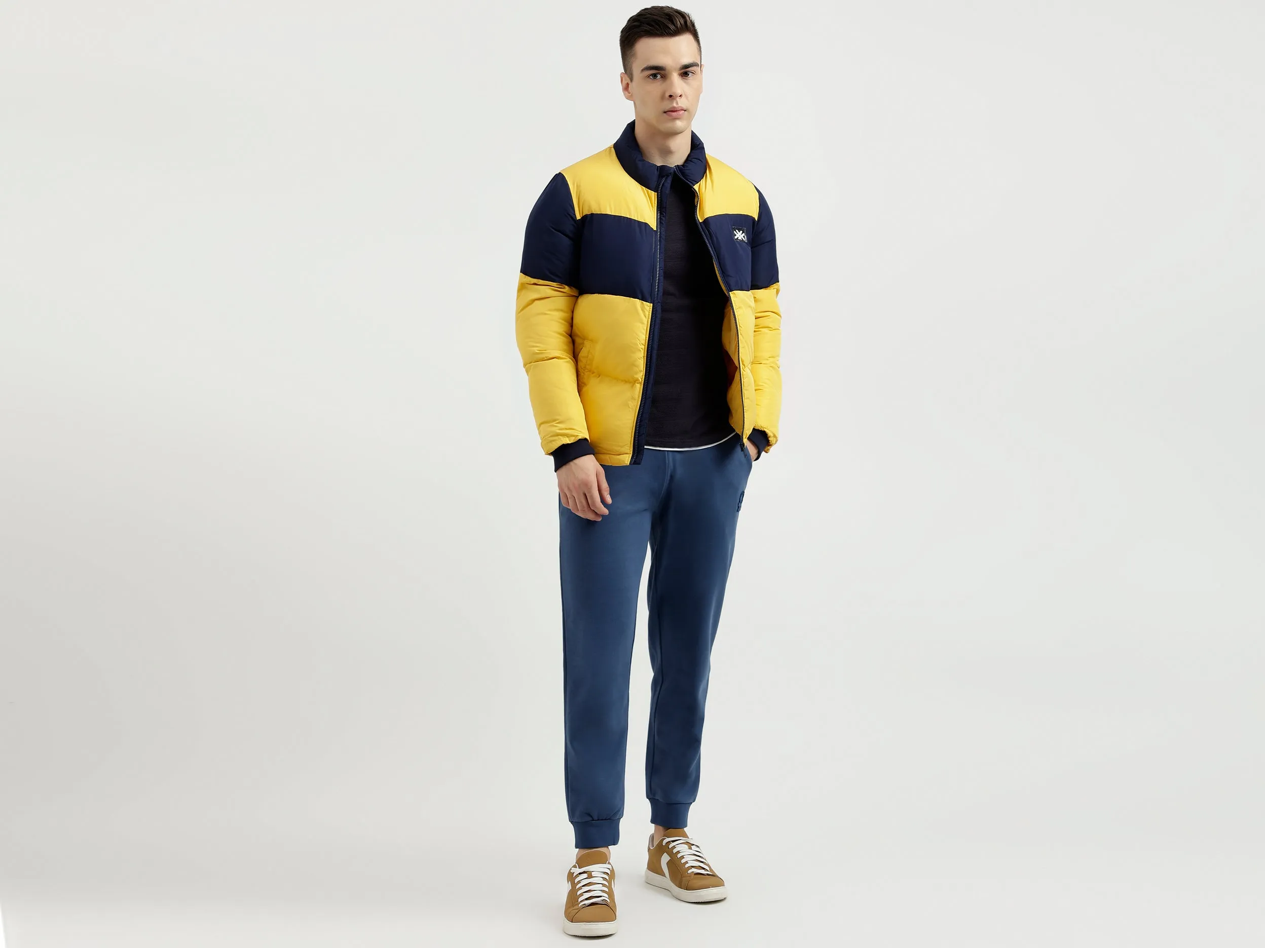 Men's Regular Fit Mock Neck Color Blocked Puffer Jacket