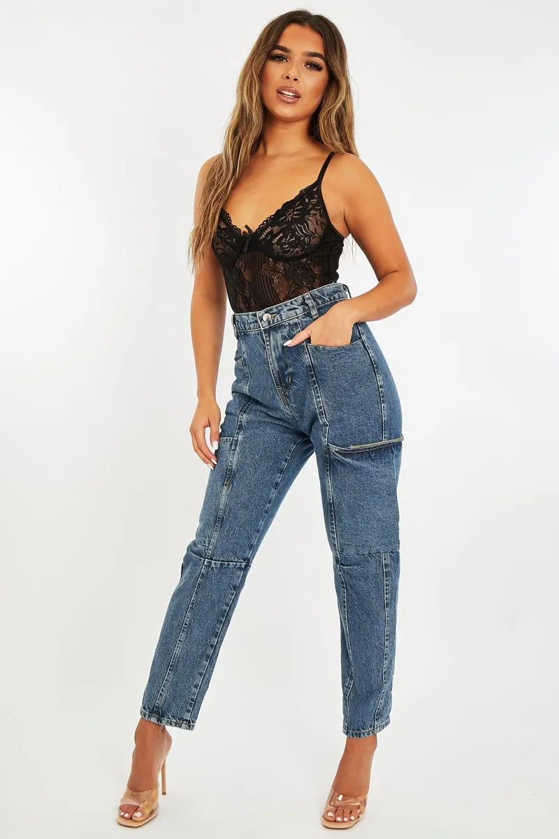 Mid Blue Wash Utility Mom Jeans - Lillis
