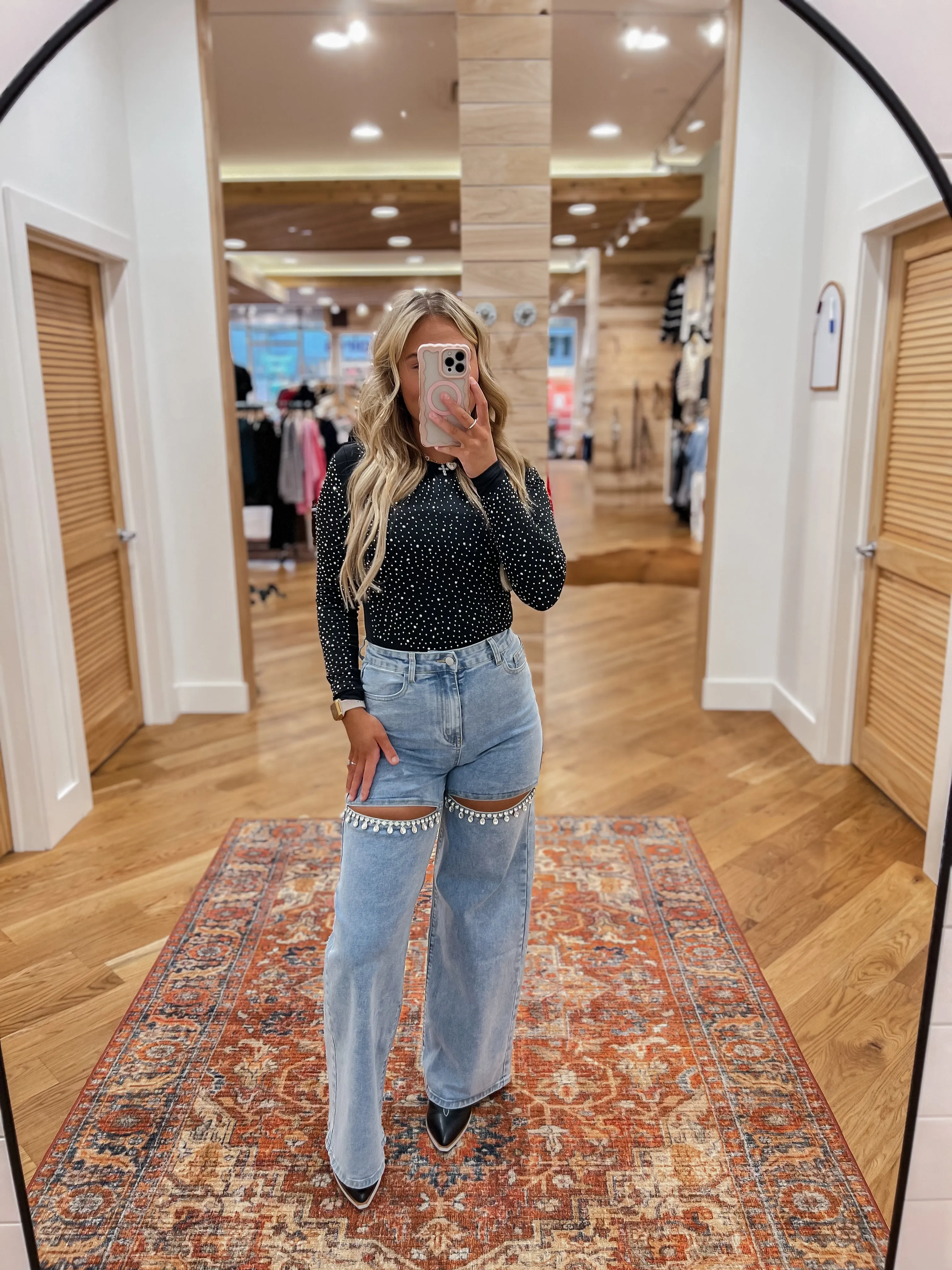 Mid Rise Crystal Slit Bottom Light Denim Jeans