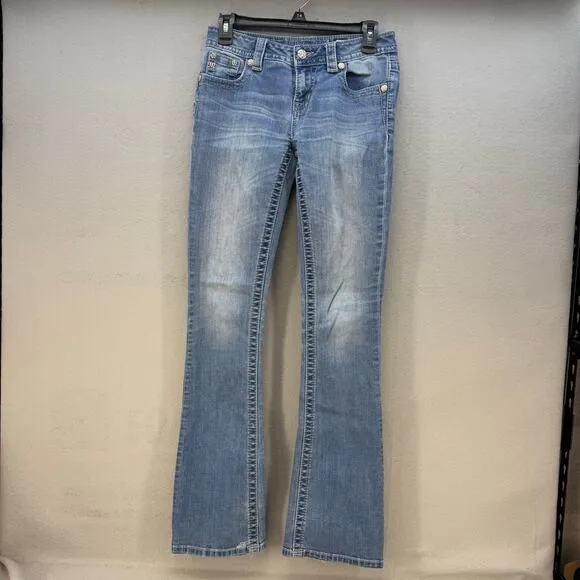 Miss Me Jeans Women's 25x34 (2) Light Blue Boot Peacock Feathers Western Bling
