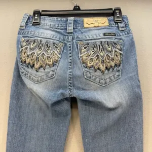 Miss Me Jeans Women's 25x34 (2) Light Blue Boot Peacock Feathers Western Bling
