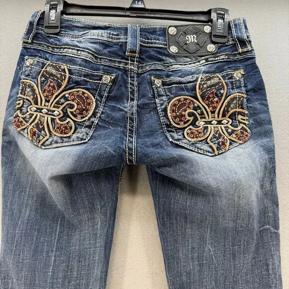 Miss Me Jeans Women's 26 Signature Rise Boot Paisley Emblished Biker Bling Boho