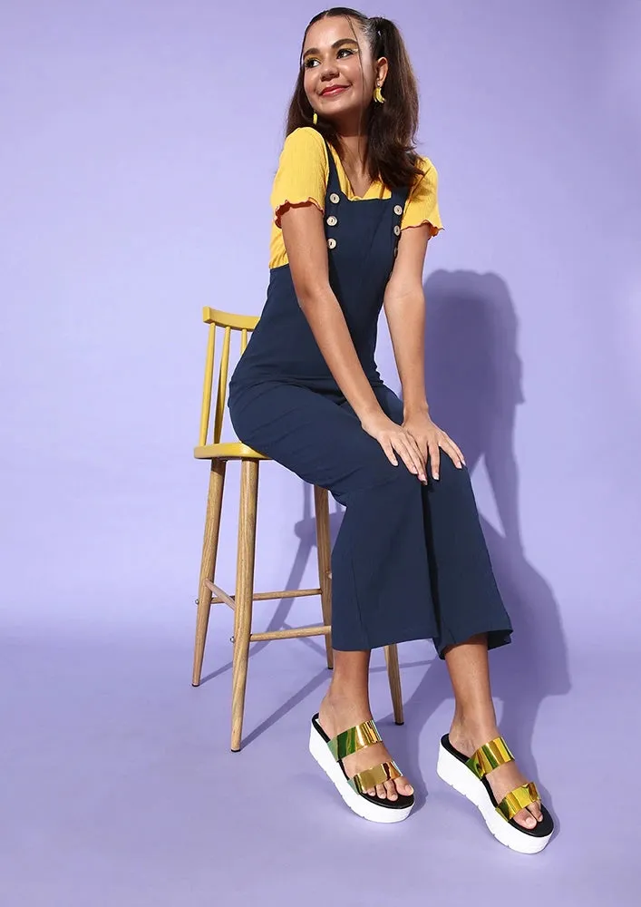 Navy Blue Pinafore Neck Basic Jumpsuit