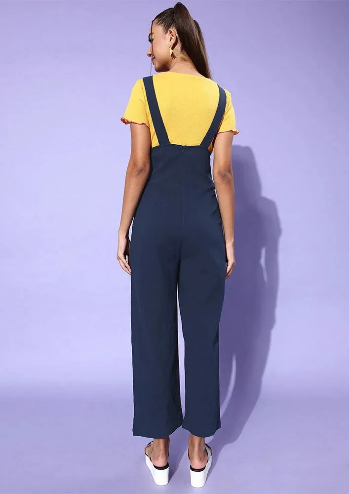 Navy Blue Pinafore Neck Basic Jumpsuit