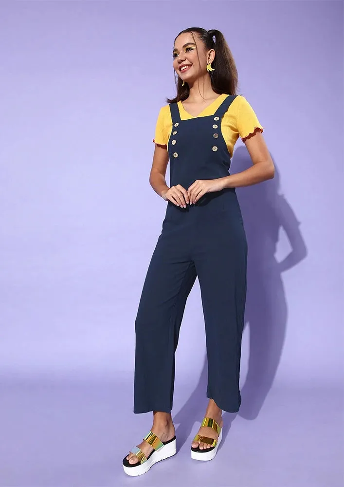 Navy Blue Pinafore Neck Basic Jumpsuit
