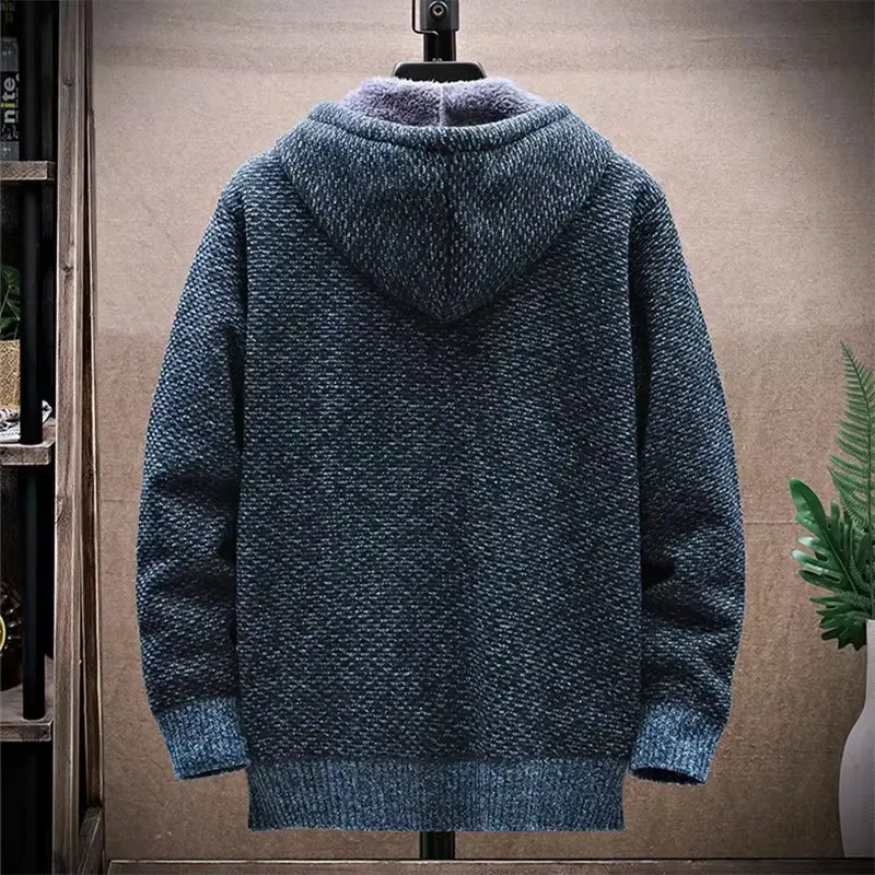 New Fusion Men Thick Warm Hooded Kintted Mens Sweater Cardigan Solid Casual Knitting Jacket Coat Male Clothing