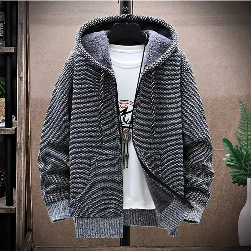 New Fusion Men Thick Warm Hooded Kintted Mens Sweater Cardigan Solid Casual Knitting Jacket Coat Male Clothing