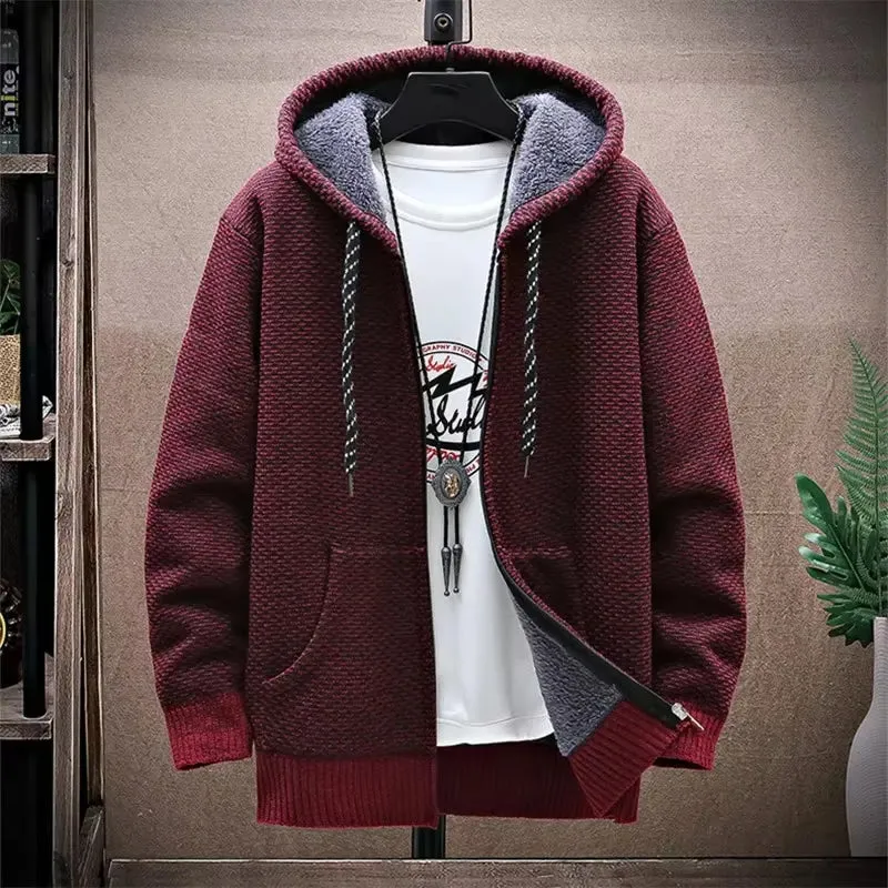 New Fusion Men Thick Warm Hooded Kintted Mens Sweater Cardigan Solid Casual Knitting Jacket Coat Male Clothing