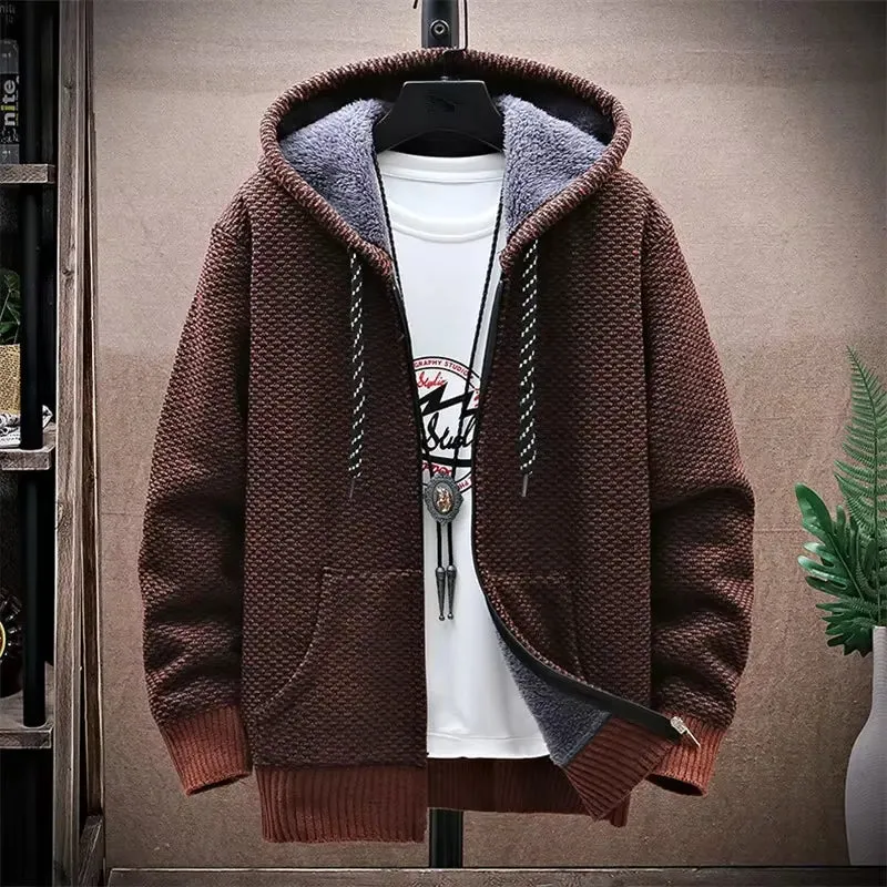 New Fusion Men Thick Warm Hooded Kintted Mens Sweater Cardigan Solid Casual Knitting Jacket Coat Male Clothing