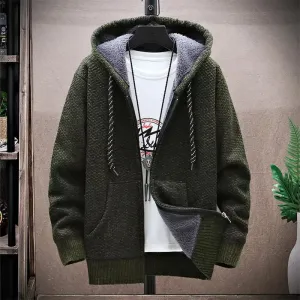 New Fusion Men Thick Warm Hooded Kintted Mens Sweater Cardigan Solid Casual Knitting Jacket Coat Male Clothing