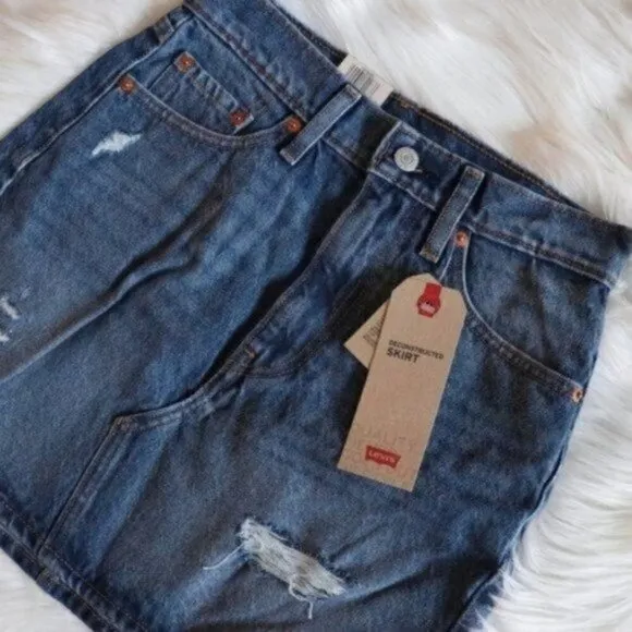 NWT Levis Deconstructed Dark Blue Wash High Rise Mini Skirt Size 25