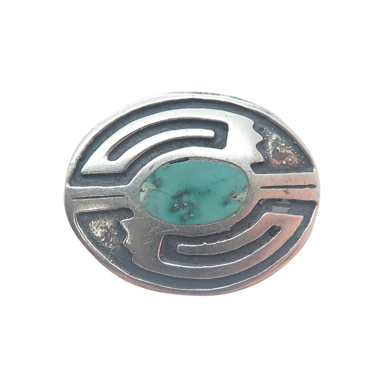 Old Pawn 925 Sterling Silver Vintage Real Turquoise Tribal Oxidized Pin Brooch