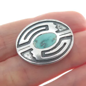 Old Pawn 925 Sterling Silver Vintage Real Turquoise Tribal Oxidized Pin Brooch