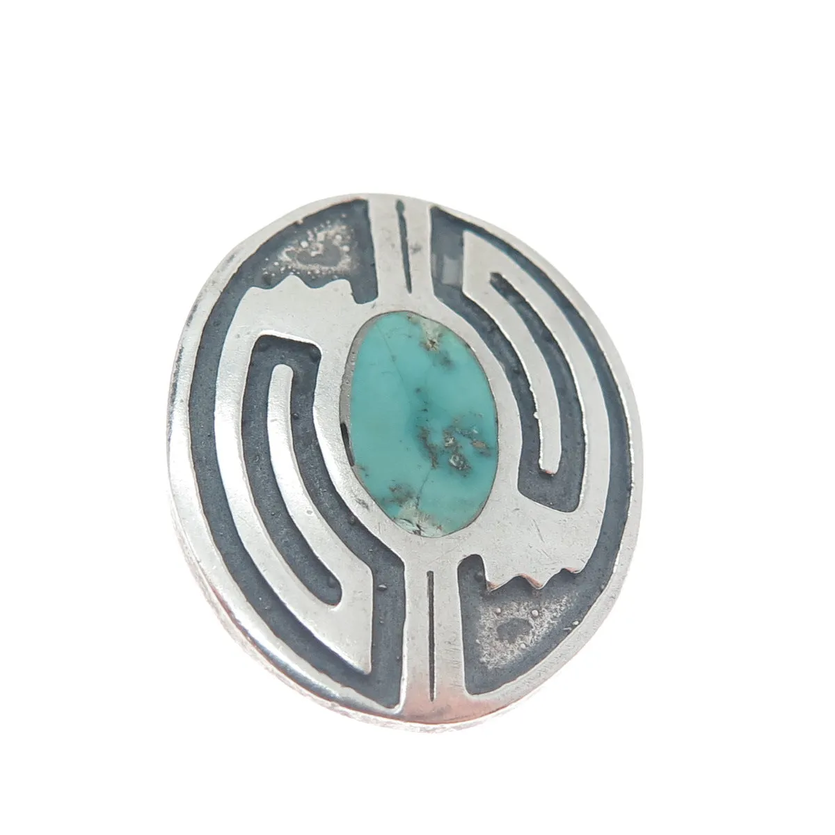 Old Pawn 925 Sterling Silver Vintage Real Turquoise Tribal Oxidized Pin Brooch