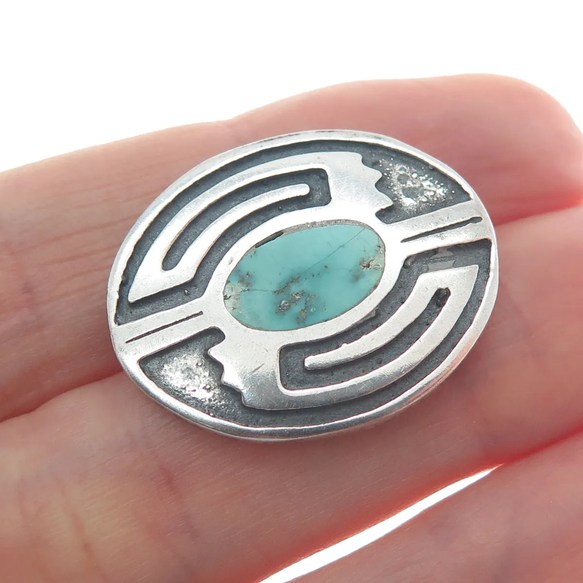 Old Pawn 925 Sterling Silver Vintage Real Turquoise Tribal Oxidized Pin Brooch